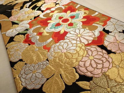平和屋着物◎六通柄袋帯 唐織 正倉院花文 黒地 金銀糸 正絹 逸品 AAAU8894dt