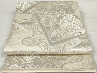 平和屋着物◎六通柄袋帯 色紙重ね花文 銀糸 正絹 逸品 AAAU8979sg