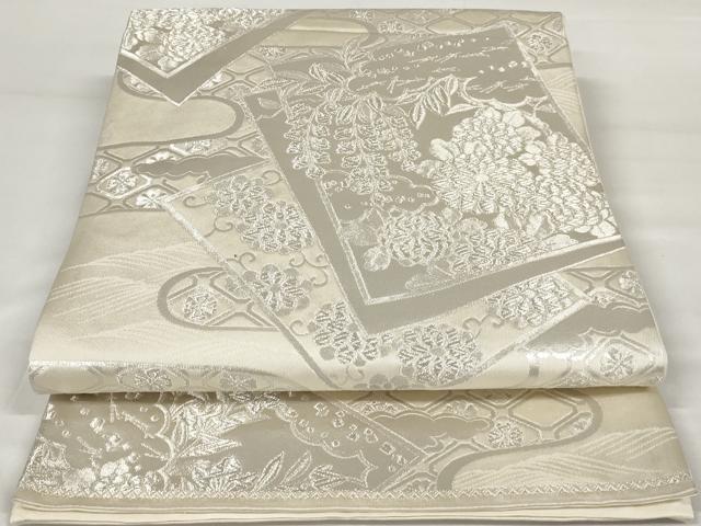 平和屋着物◎六通柄袋帯 色紙重ね花文 銀糸 正絹 逸品 AAAU8979sg