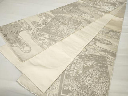 平和屋着物◎六通柄袋帯 色紙重ね花文 銀糸 正絹 逸品 AAAU8979sg