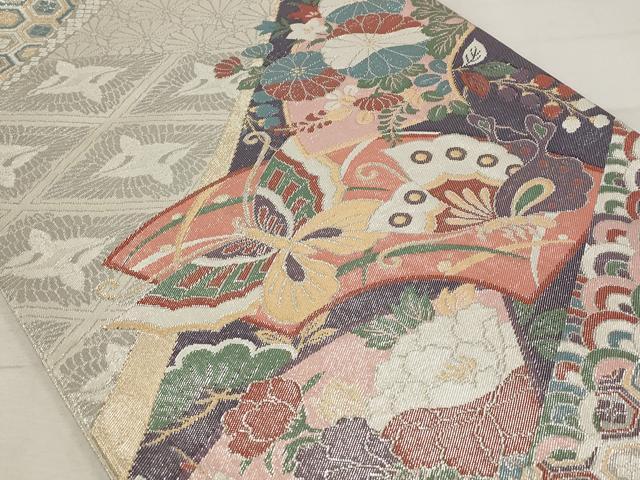 平和屋着物◎佐賀錦 六通柄袋帯 花蝶文 金糸 正絹 逸品 AAAU9311st