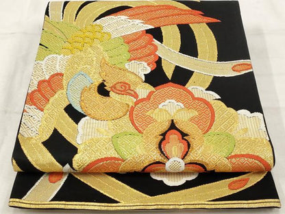 平和屋着物◎六通柄袋帯 鳳凰花文 黒地 金糸 正絹 逸品 AAAU9312st