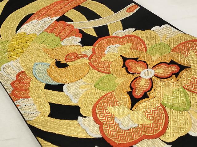 平和屋着物◎六通柄袋帯 鳳凰花文 黒地 金糸 正絹 逸品 AAAU9312st