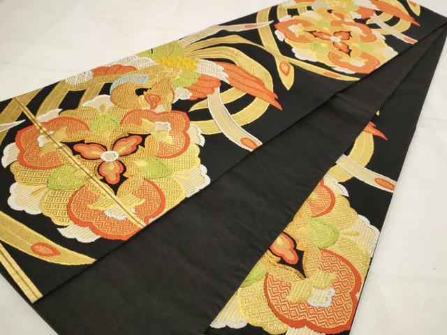 平和屋着物◎六通柄袋帯 鳳凰花文 黒地 金糸 正絹 逸品 AAAU9312st