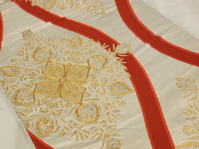 平和屋着物◎六通柄袋帯 駒刺繍 正倉院花文 金銀糸 正絹 逸品 AAAU9319st