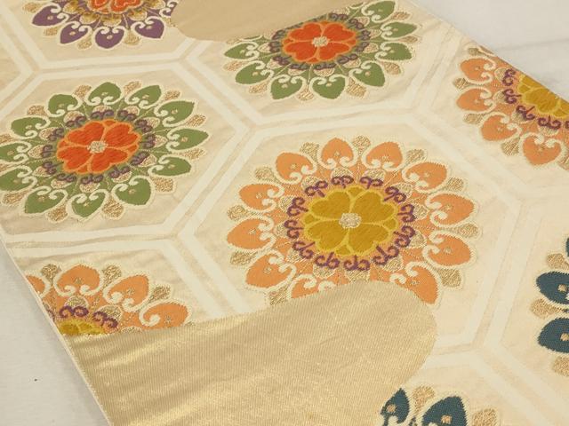 平和屋着物◎西陣　六通柄袋帯　唐織　亀甲花文　金糸　正絹　逸品　AAAU9323st