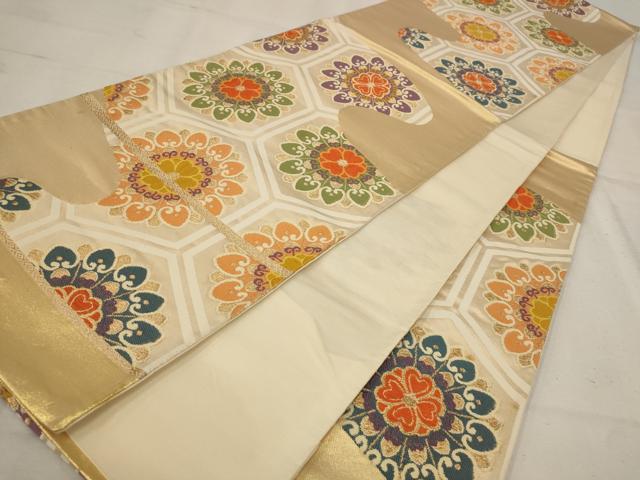 平和屋着物◎西陣　六通柄袋帯　唐織　亀甲花文　金糸　正絹　逸品　AAAU9323st