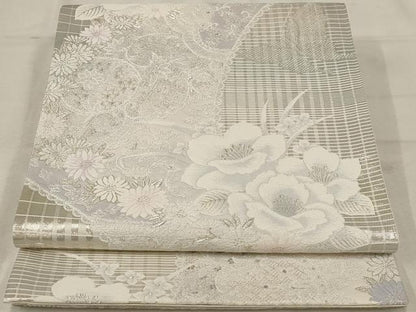 平和屋着物◎六通柄袋帯 唐織 澄爽花苑文 銀糸 正絹 逸品 AAAU9326st