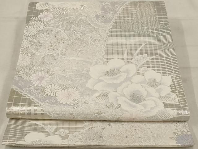 平和屋着物◎六通柄袋帯 唐織 澄爽花苑文 銀糸 正絹 逸品 AAAU9326st