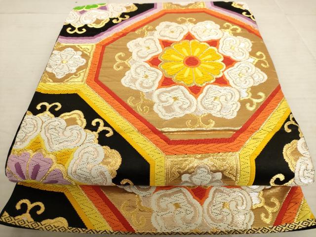 平和屋着物◎六通柄袋帯 唐織 蜀江花文 黒地 金銀糸 正絹 逸品 AAAU9363dt