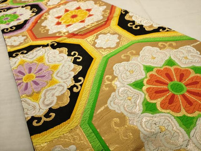 平和屋着物◎六通柄袋帯 唐織 蜀江花文 黒地 金銀糸 正絹 逸品 AAAU9363dt
