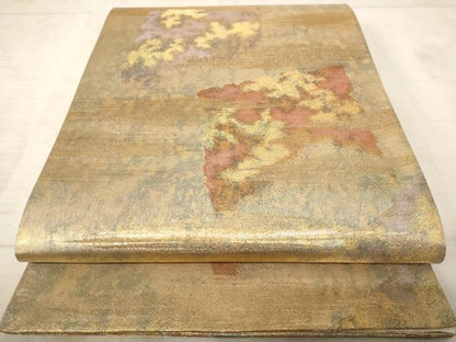 平和屋着物◎六通柄袋帯　霞色紙文　金糸　正絹　逸品　AAAU9372dt