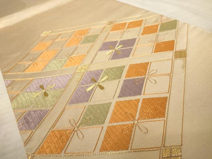 平和屋着物◎太鼓柄袋帯 駒刺繍 花菱文 金糸 正絹 逸品 AAAU9373dt
