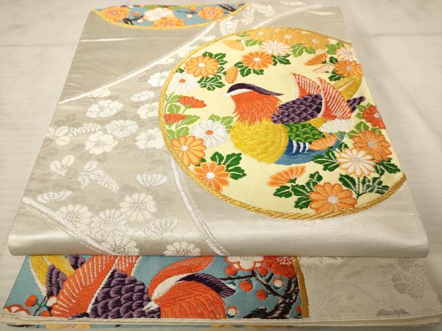 平和屋着物◎六通柄袋帯 唐織 鴛鴦花文 銀糸 正絹 逸品 AAAU9380dt
