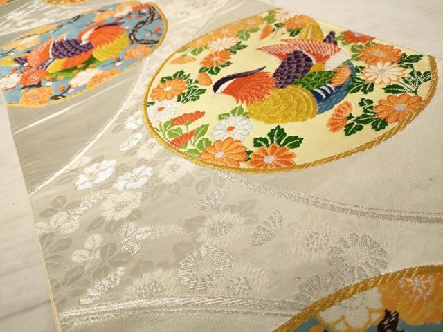 平和屋着物◎六通柄袋帯 唐織 鴛鴦花文 銀糸 正絹 逸品 AAAU9380dt