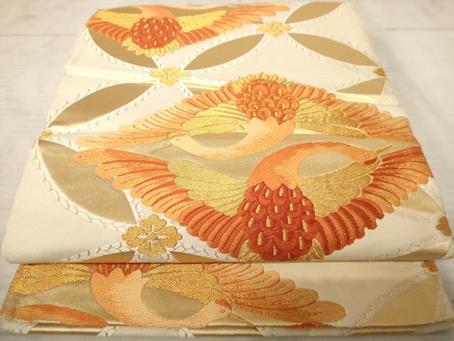 平和屋着物◎六通柄袋帯　双鶴七宝文　金糸　正絹　逸品　AAAU9384dt