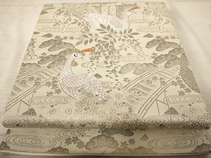 平和屋着物◎六通柄袋帯 孔雀花文 プラチナ二重箔 銀糸 正絹 逸品 AAAU9387dt