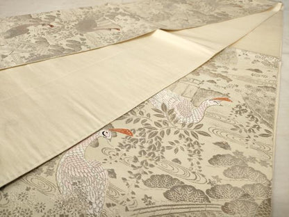 平和屋着物◎六通柄袋帯 孔雀花文 プラチナ二重箔 銀糸 正絹 逸品 AAAU9387dt