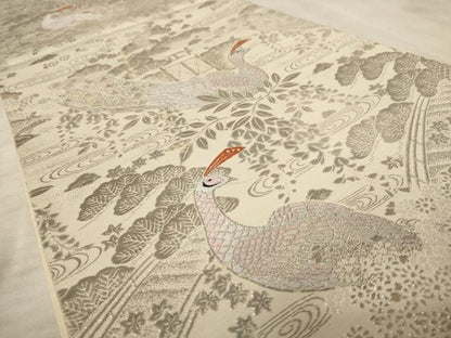 平和屋着物◎六通柄袋帯 孔雀花文 プラチナ二重箔 銀糸 正絹 逸品 AAAU9387dt
