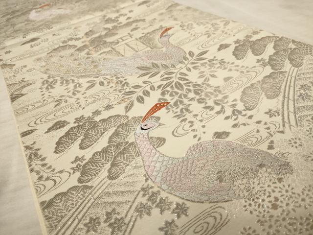 平和屋着物◎六通柄袋帯 孔雀花文 プラチナ二重箔 銀糸 正絹 逸品 AAAU9387dt