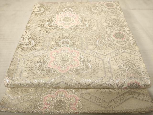 平和屋着物◎六通柄袋帯　亀甲花文　銀糸　正絹　逸品　AAAU9399dt