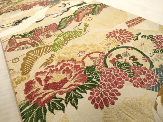 平和屋着物◎全通柄 京袋帯 唐織 飛鶴花文 金糸 正絹 逸品 AAAU9439dt