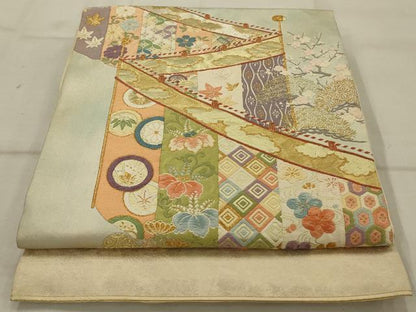 平和屋着物◎太鼓柄袋帯 唐織 吉祥花文 金糸 正絹 逸品 AAAU9747ou
