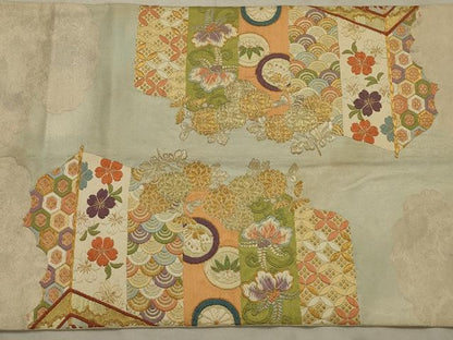 平和屋着物◎太鼓柄袋帯 唐織 吉祥花文 金糸 正絹 逸品 AAAU9747ou