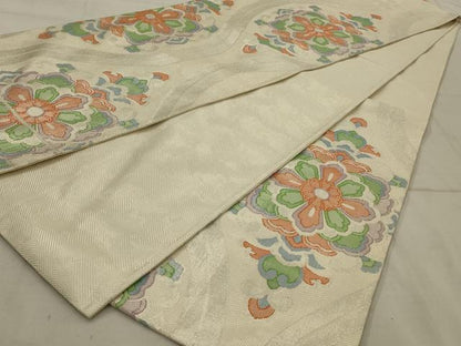 平和屋着物◎佐賀錦 六通柄袋帯 正倉院花文 銀糸 正絹 逸品 AAAU9749ou