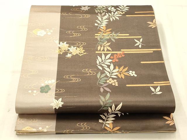 平和屋着物◎全通柄袋帯 唐織 流水草葉文 金糸 正絹 逸品 AAAU9798fw