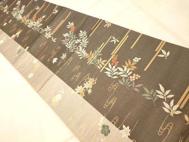 平和屋着物◎全通柄袋帯 唐織 流水草葉文 金糸 正絹 逸品 AAAU9798fw