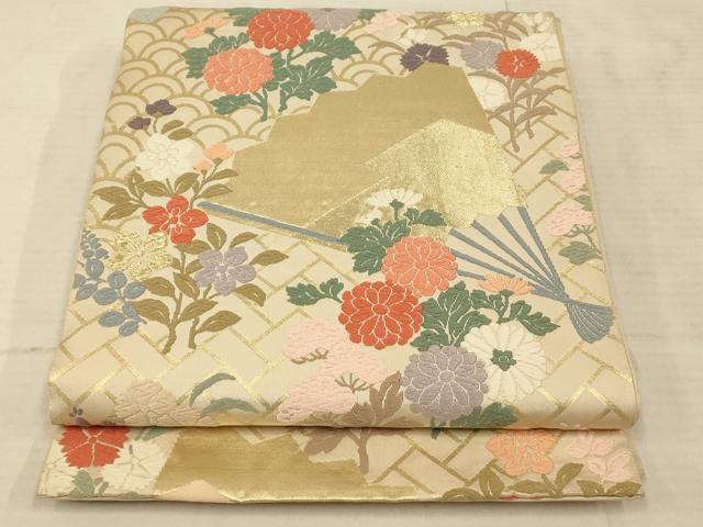 平和屋着物◎六通柄袋帯 唐織 草花扇子文 金糸 正絹 逸品 AAAU9807fw