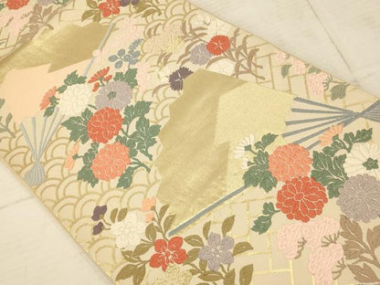 平和屋着物◎六通柄袋帯 唐織 草花扇子文 金糸 正絹 逸品 AAAU9807fw