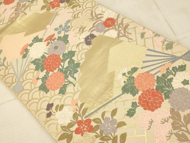 平和屋着物◎六通柄袋帯 唐織 草花扇子文 金糸 正絹 逸品 AAAU9807fw