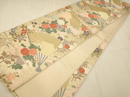 平和屋着物◎六通柄袋帯 唐織 草花扇子文 金糸 正絹 逸品 AAAU9807fw