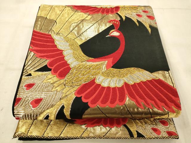 平和屋着物◎六通柄袋帯 唐織 孔雀扇文 黒地 金銀糸 正絹 逸品 AAAU9813fw
