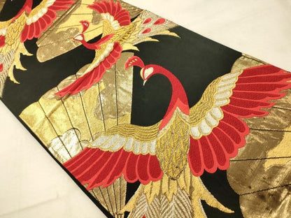 平和屋着物◎六通柄袋帯 唐織 孔雀扇文 黒地 金銀糸 正絹 逸品 AAAU9813fw