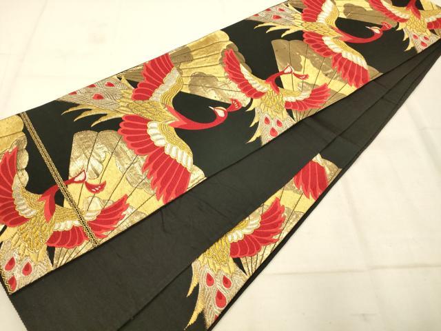 平和屋着物◎六通柄袋帯 唐織 孔雀扇文 黒地 金銀糸 正絹 逸品 AAAU9813fw