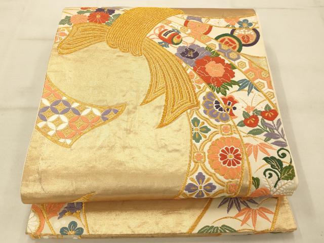 平和屋着物◎六通柄袋帯 唐織 宝尽くし重ね熨斗文 金糸 正絹 逸品 AAAU9817fw