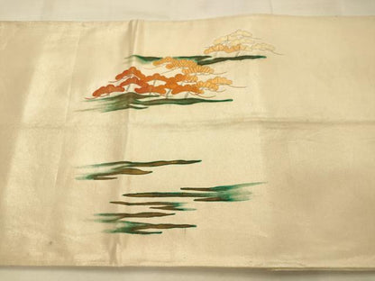 平和屋着物◎太鼓柄袋帯　手描き　駒刺繍　松文　金糸　正絹　逸品　AAAU9823fw