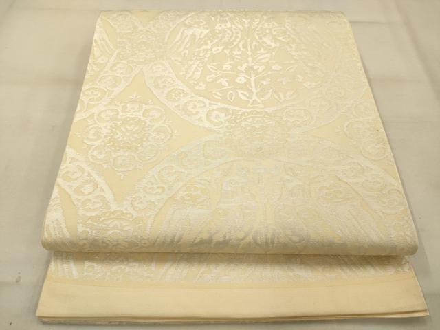 平和屋着物◎六通柄袋帯　双鳥丸文　銀糸　正絹　逸品　AAAU9825fw