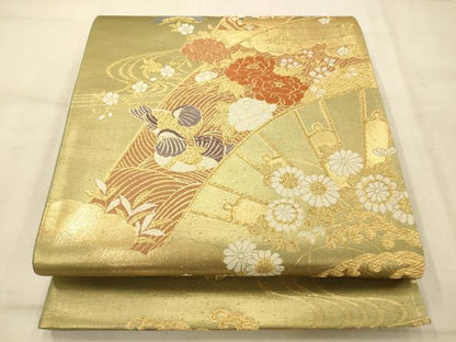 平和屋着物◎六通柄袋帯 唐織 源氏車花鳥吉祥文 金糸 正絹 逸品 AAAU9828fw