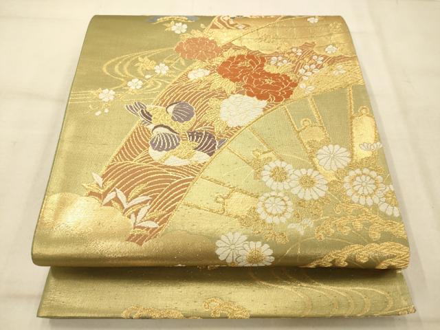 平和屋着物◎六通柄袋帯 唐織 源氏車花鳥吉祥文 金糸 正絹 逸品 AAAU9828fw