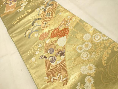 平和屋着物◎六通柄袋帯 唐織 源氏車花鳥吉祥文 金糸 正絹 逸品 AAAU9828fw