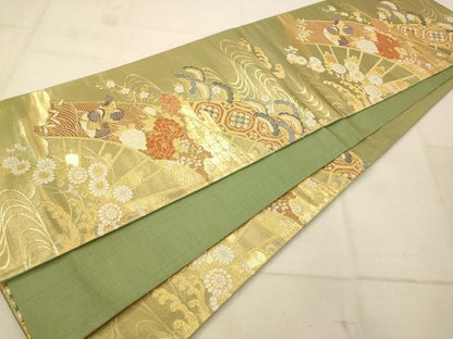 平和屋着物◎六通柄袋帯 唐織 源氏車花鳥吉祥文 金糸 正絹 逸品 AAAU9828fw