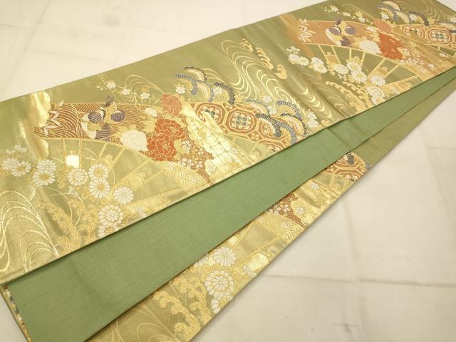 平和屋着物◎六通柄袋帯 唐織 源氏車花鳥吉祥文 金糸 正絹 逸品 AAAU9828fw