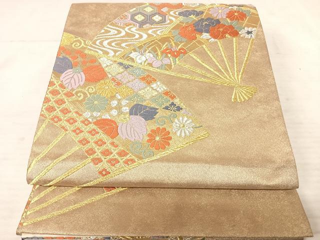 平和屋着物◎六通柄袋帯 唐織 扇面花文 金糸 正絹 逸品 AAAU9881yx