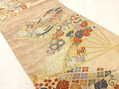 平和屋着物◎六通柄袋帯 唐織 扇面花文 金糸 正絹 逸品 AAAU9881yx