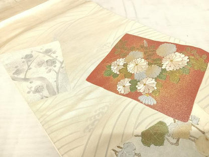 平和屋着物◎太鼓柄袋帯 駒刺繍 草花文 金銀彩 正絹 逸品 AAAU9886yx