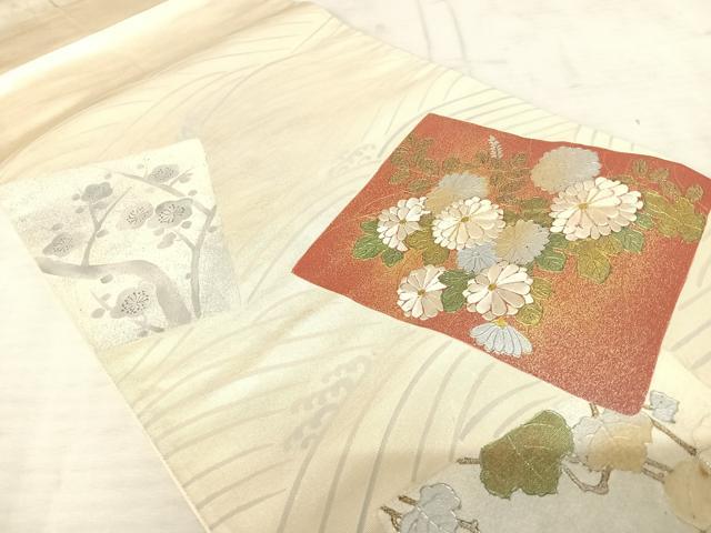 平和屋着物◎太鼓柄袋帯 駒刺繍 草花文 金銀彩 正絹 逸品 AAAU9886yx